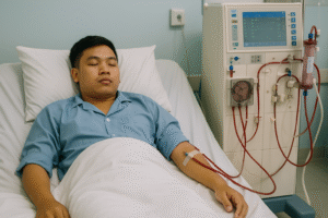 Bệnh nhân trẻ tuổi đang chạy thận nhân tạo - Ảnh AI