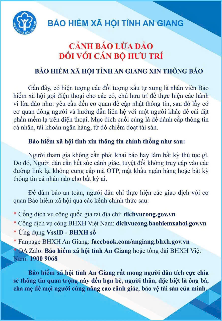 BẢO HIỂM XÃ HỘI TỈNH AN GIANG CẢNH BÁO LỪA ĐẢO ĐỐI VỚI CÁN BỘ HƯU TRÍ